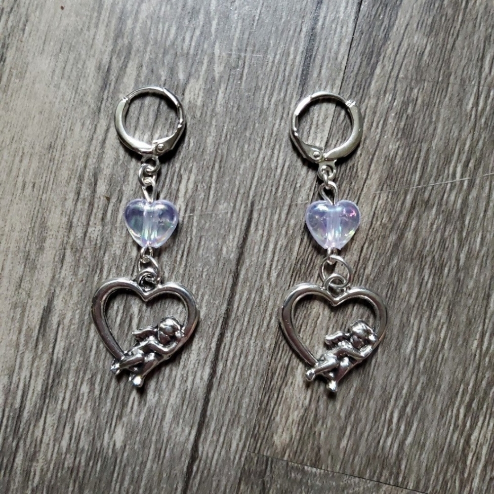 Handmade Iridescent Heart Beaded Cherub Earrings